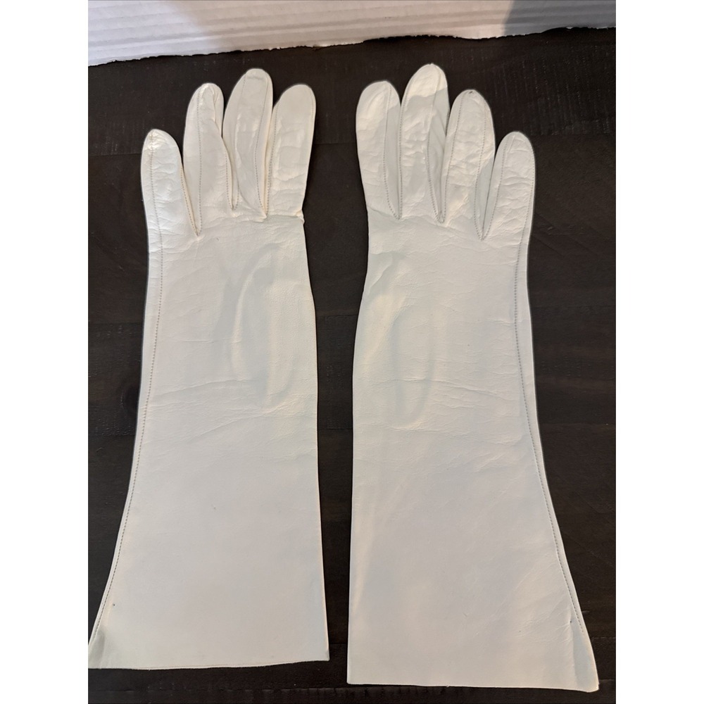 Vintage Women's Long Leather Gloves 11" Cream, Made in Italy 6 3/4